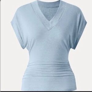 OGL Blue Semi-sheer Lyocell Cashmere Blend V-neck Short Sleeve Side Ruched Tee